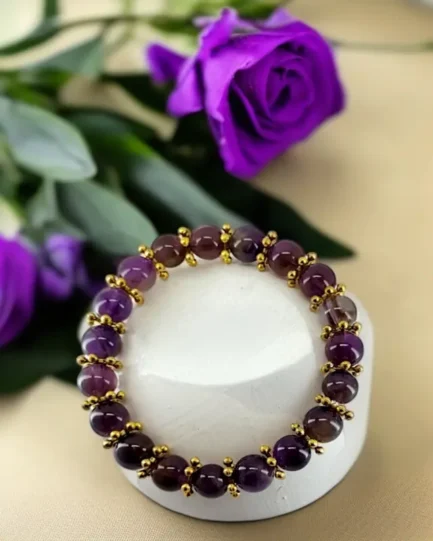 Amethyst & German Silver Round Chakri Golden Bracelet for Calm & Clarity