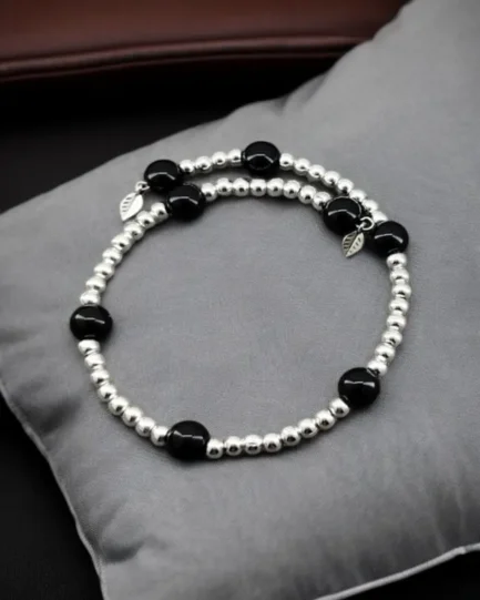 Obsidian Black Protection Bracelet with Silver Metal Ball Beads - Image 3