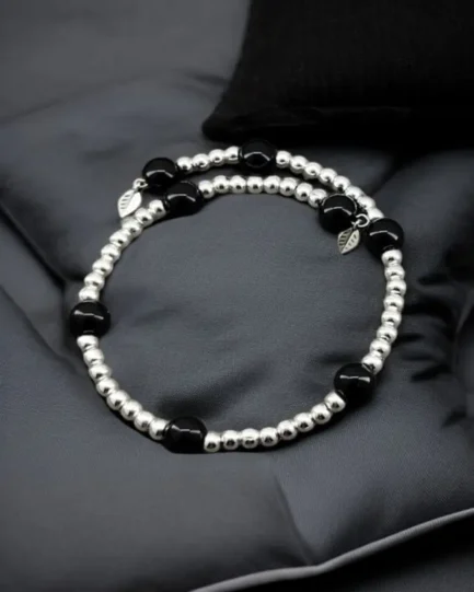 Obsidian Black Protection Bracelet with Silver Metal Ball Beads - Image 4