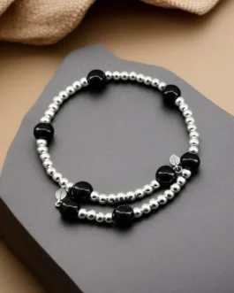 Obsidian Black Protection Bracelet with Silver Metal Ball Beads
