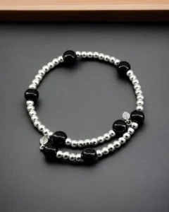 Obsidian Black Protection Bracelet with Silver Metal Ball Beads
