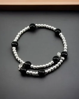 Obsidian Black Protection Bracelet with Silver Metal Ball Beads
