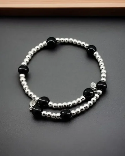 Obsidian Black Protection Bracelet with Silver Metal Ball Beads