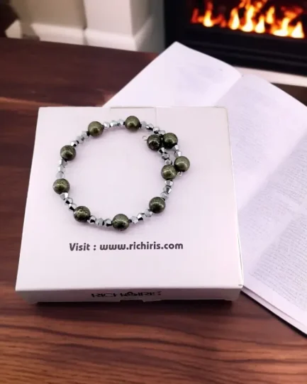 Pyrite & Silver Crystal BiCone Beaded Bracelet for Luck & Wealth - Image 2