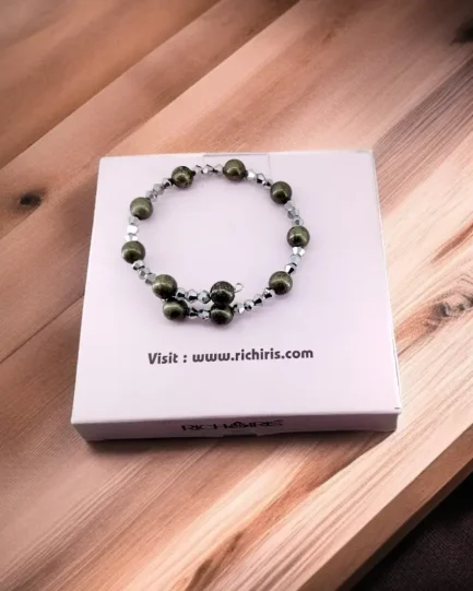 Pyrite & Silver Crystal BiCone Beaded Bracelet for Luck & Wealth - Image 3